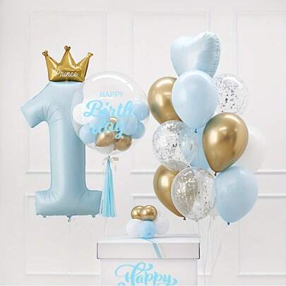 24pcs/Set 40 Inch Blue & Pink Crown Foil Number Balloons, 1st Birthday Decorative Balloons For Party Supplies, Gender Reveal Party Decor And Birthday Celebration, Back To School Valentine Day