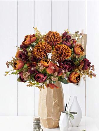 1 st konstgjorda blommor siden te rosor bukett krysantemum plastväxter brudbukett, alla hjärtans dag konstgjorda växter, bröllopsdekoration gör-det-själv kransmaterial, brud som håller handleden blommar dekoration tillbehör, bröllopsbildekoration, överstycke bågdekoration, hem, matsal, sovrum, vasdekoration, födelsedagsfest dekorationsmaterial nyårspresenter=