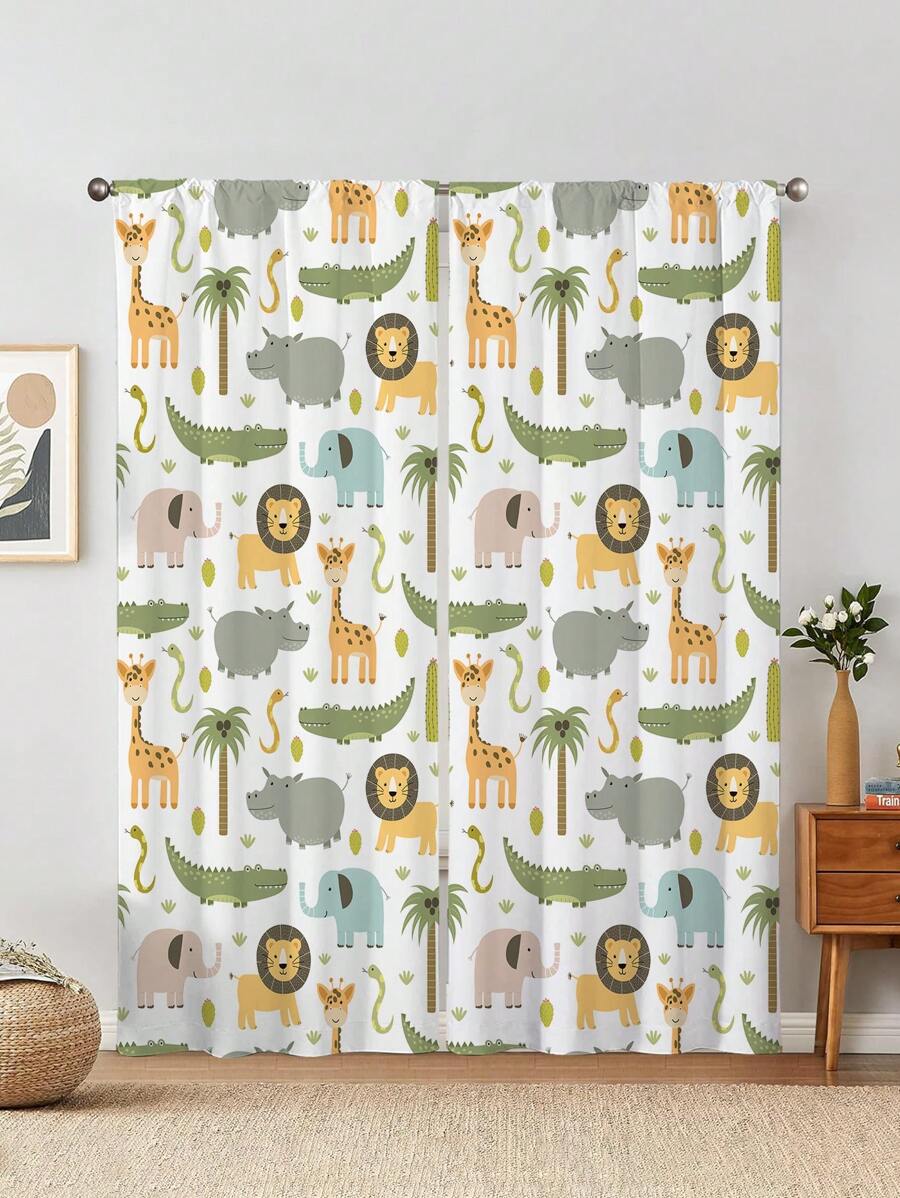 2 Peças Cortinas Impressas Com Leão E Elefante Da Floresta Safari, Cortina Sem Furos, Referente Aos Quartos De Dormir, Escritório, Cozinha, Sala De Estar, Estudo, Decoração Da Casa - Multicolorido - Visão 1