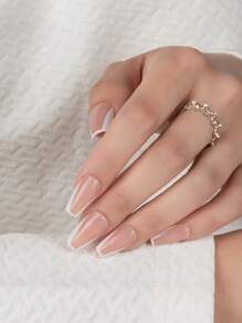 emtog 24入組短款t形＆梯形＆法式＆pi形白色指甲藝術假甲片,旁邊有邊緣,配有1個磨光條＆1個果凍膠,提供簡單易學和多樣化的日常佩戴升級版 - 棕色 - 查看 3