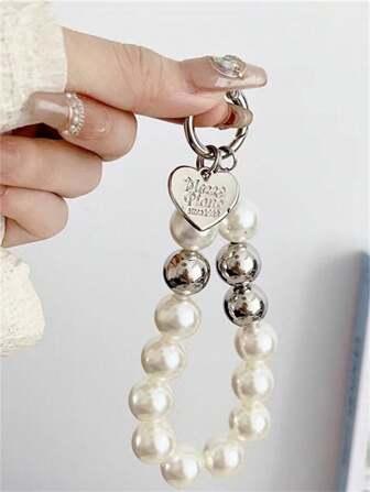 創意珍珠鏈心形吊墜,適用於手機、包包、耳機,通用配件