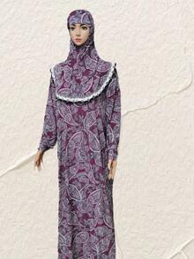Boho 3xl Loose Fit Long Hooded Robe With Flower Pattern, Lace Border, Suitable For Occasions, Daily Wear, Sports; Also Can Be Used As Head Wrap - Multicolor - View 6