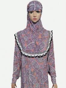 Boho 3xl Loose Fit Long Hooded Robe With Flower Pattern, Lace Border, Suitable For Occasions, Daily Wear, Sports; Also Can Be Used As Head Wrap - Multicolor - View 3