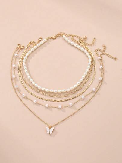 5pcs/Set Fashionable Cute White Faux Pearl Butterfly Pendant Necklace Set, For Girls Daily, Festival, Party Accessories