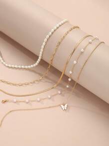 Set di 5 collane finte con perle a forma di farfalla per bambini, carine, bianche
