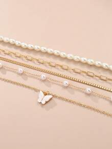 Set di 5 collane finte con perle a forma di farfalla per bambini, carine, bianche