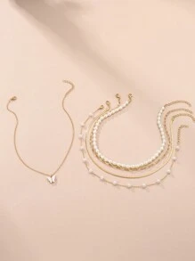 Set di 5 collane finte con perle a forma di farfalla per bambini, carine, bianche