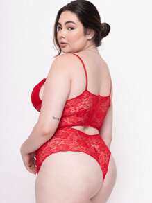 Conjuntos Lingerie Plus Size de Renda Espera Marido Cropped e Calcinha Shorts Sexy - Vermelho - Visão 3