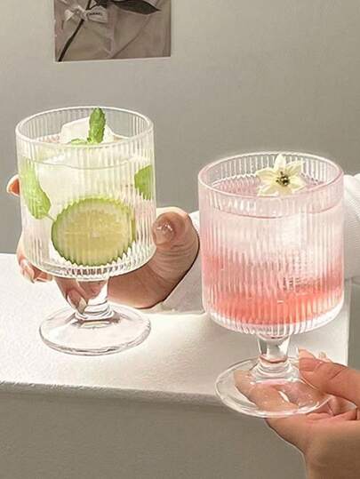 1pc 280ml Short Pedestal Vertical Stripe Glass Tumbler, Minimalist Style Drinking Cup For Home, Restaurant, Bar, Etc. Back To School