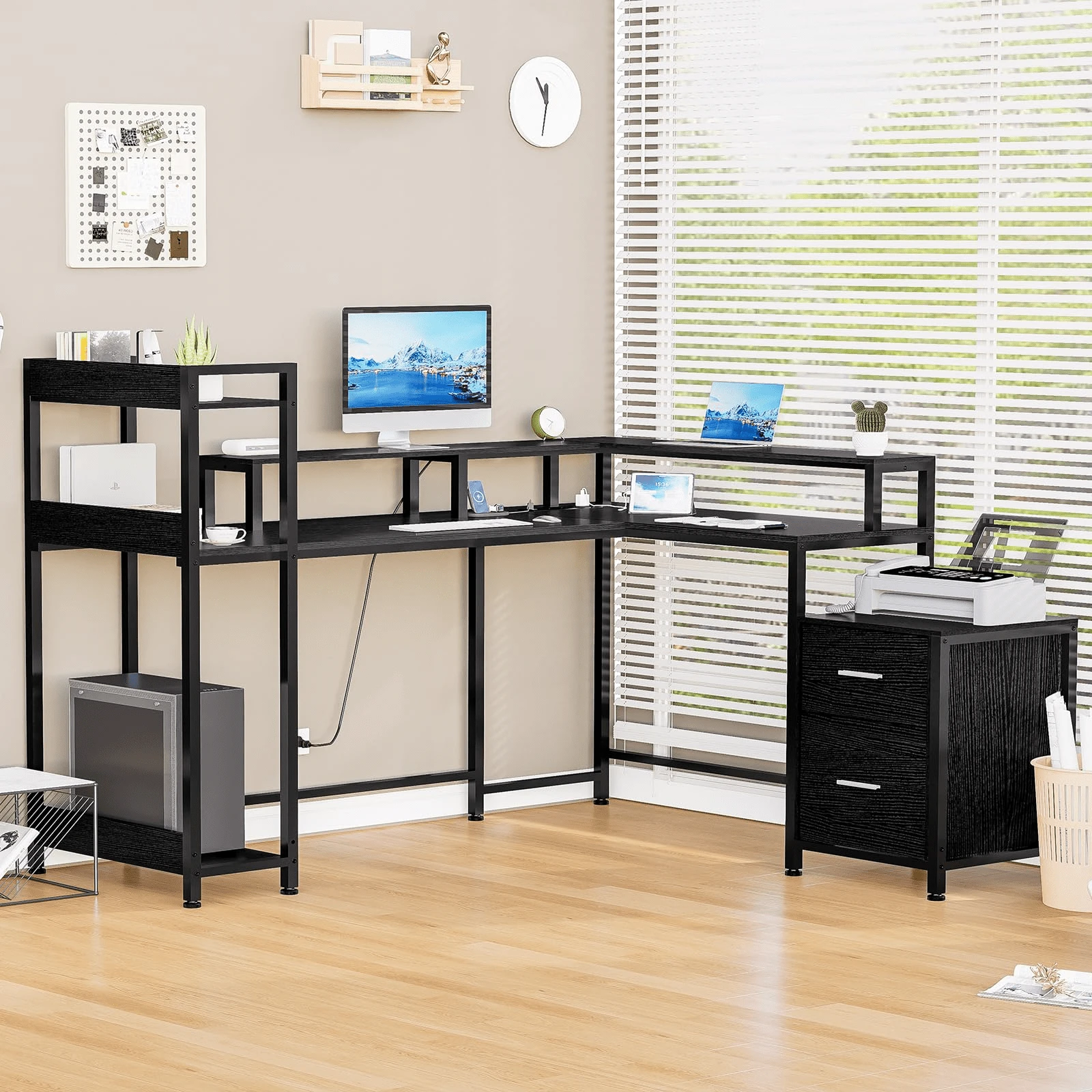 Shein Light Computer Desktop L Shaped Desk With Power Outlet & USB Ports, Gaming Desk With Led ...