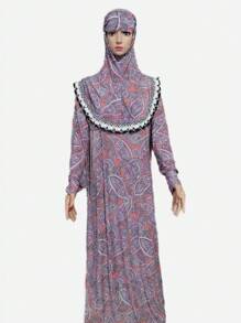 Boho 3xl Loose Fit Long Hooded Robe With Flower Pattern, Lace Border, Suitable For Occasions, Daily Wear, Sports; Also Can Be Used As Head Wrap - Multicolor - View 16