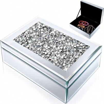 hanyial Rhinestone Glass Mirrored Jewelry Box Simple Classic Storage Organizer High-End Luxury Mirror Box Silver Back To School, Room Decor