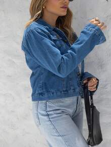 Women Denim Jackets & Coats - 深色水洗藍 - 查看 4