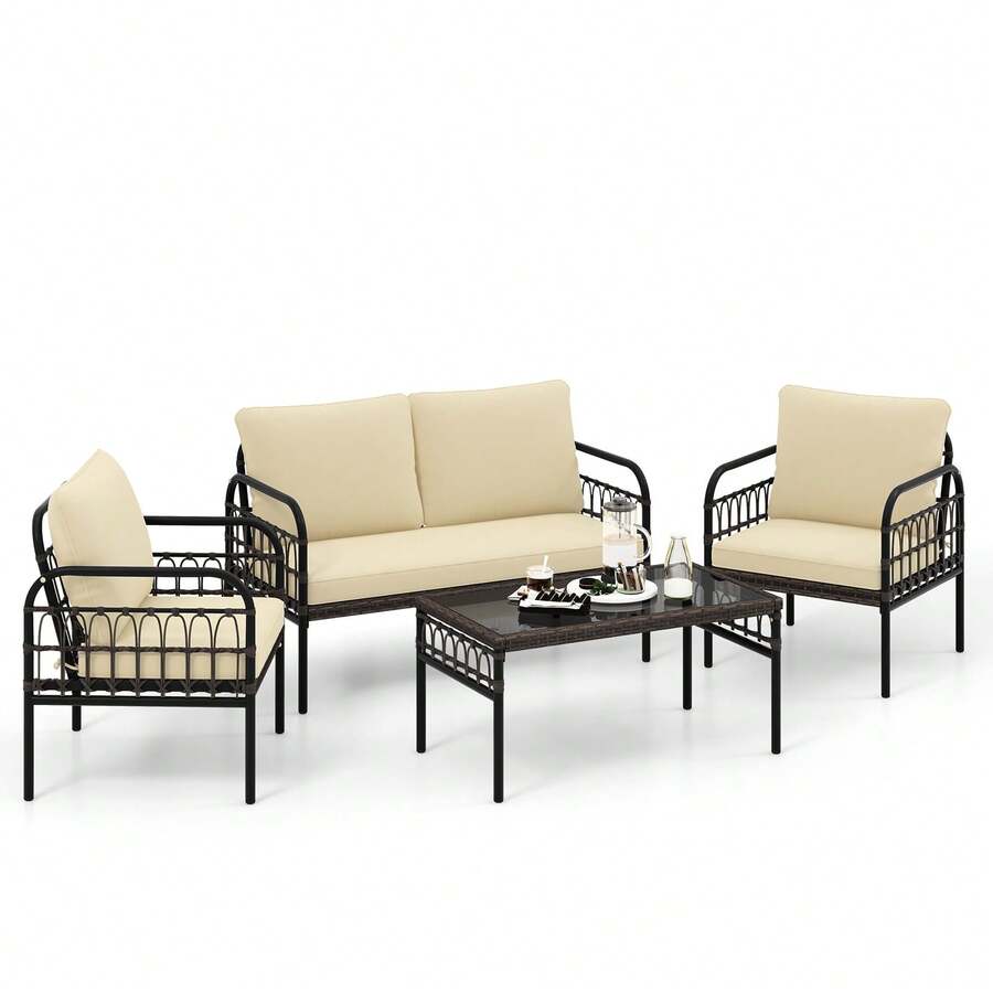 4 Pieces Outdoor Wicker Conversation Bistro Set With Soft Cushions And Tempered Glass Coffee Table-Brown - Màu nâu - Xem 1
