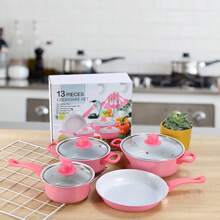 Set 13 Piezas De Ollas Y Sartenes Antiadherentes Con Tapas, Utensilios De Cocina, Perfectos Para Tu Hogar - Rosa - Ver 1