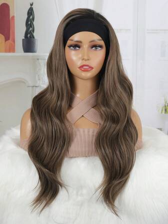漸層棕色頭帶假髮長身波混合棕色合成髮機器製成無鬆綁頭帶假髮自然色彩28英寸