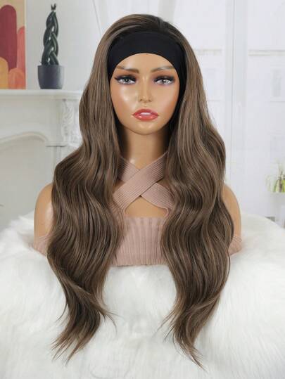 漸層棕色頭帶假髮長身波混合棕色合成髮機器製成無鬆綁頭帶假髮自然色彩28英寸