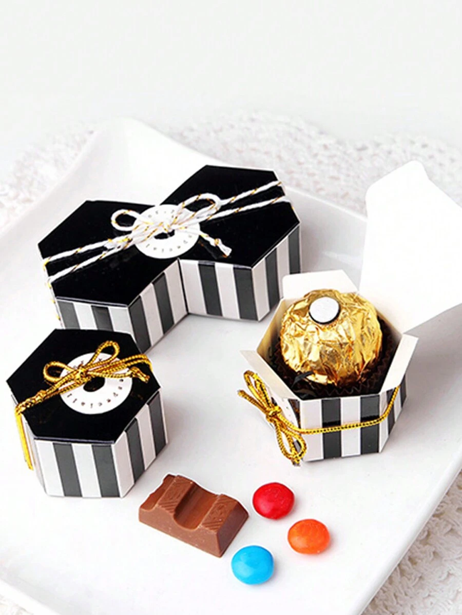 10 Hộp Quà Lục Giác Mini Có Giấy Vàng, Họa Tiết Hoạt Hình Dễ Thương, Bao Bì Kẹo Socola Tinh Tế Cho Tiệc Cưới Ủng Hộ - Đen và trắng - Xem 1