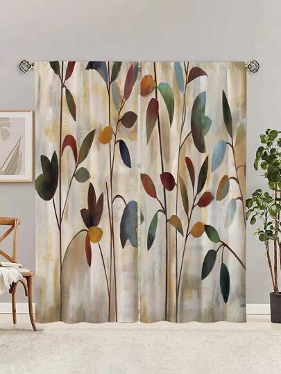 2pcs Watercolor Plant Leaves Curtains,Without Holes Curtain, Refer To Bedroom Office Kitchen Living Room Study Home Decor
