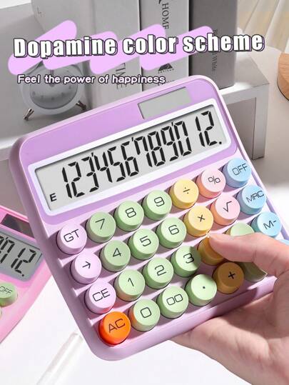 1pc Colorful Calculator, Dual Power (Solar + Battery), 12-Digit Large HD Display, Dot Buttons, Mechanical Large Keys, Suitable For Office, Finance, Accounting, College Students, Creative, Batteries Not Included