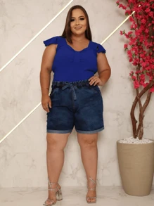 Shorts Meia Coxa Jeans 40 ao 56 Plus Size Feminino Com Bolsos Elástico Bermuda Cintura Alta Premium