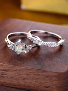 1套/2入宮廷風格豪華銀色精美人造澳洲蛋白石女戒指,雙層堆疊戒指適用於求婚、訂婚、婚禮、告白、情人節、日常佩戴 - 套裝戒指 - 查看 9