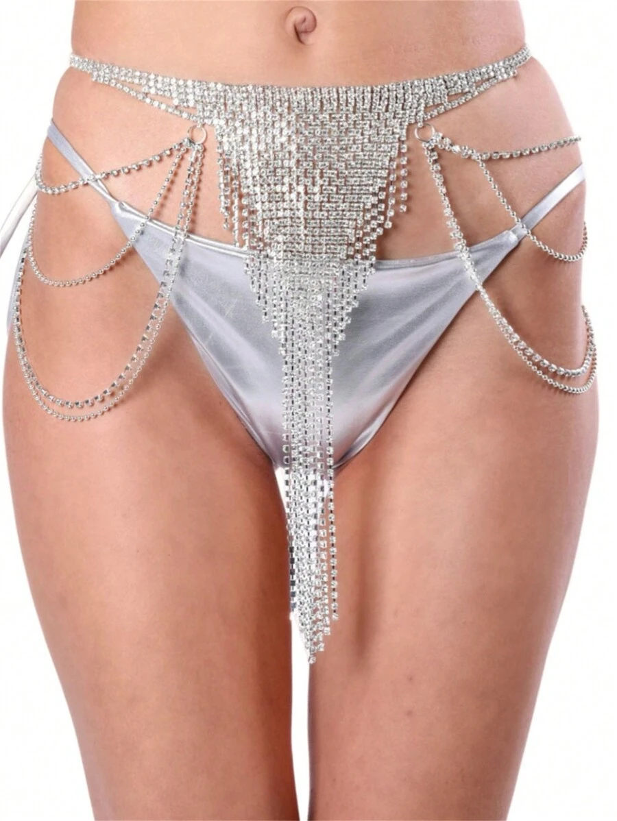 Rhinestone Long Tassel Underwear Chain - Silver - View 1