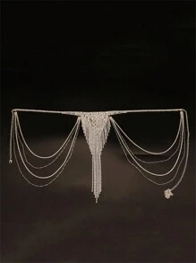 Rhinestone Long Tassel Underwear Chain - Silver - View 4