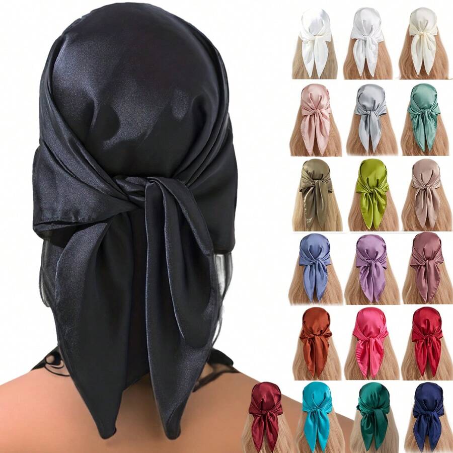 1 件 70*70 公分純色絲質頭巾純色方形圍巾頭巾女式復古四季發圍巾蓋頭巾女頭巾 - 淺灰色 - 查看 1