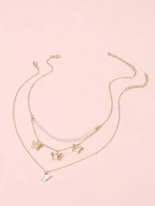 Conjunto De 2 Piezas De Collares De Cristal Con Colgante De Mariposa Y Cuentas - Blanco - Ver 2