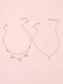 Conjunto De 2 Piezas De Collares De Cristal Con Colgante De Mariposa Y Cuentas - Blanco - Ver 3