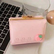 New Cute Fruit Printed Folding Wallet, European And Korean Style PU Cartoon Mini Coin Purse For Women - Pink - View 3