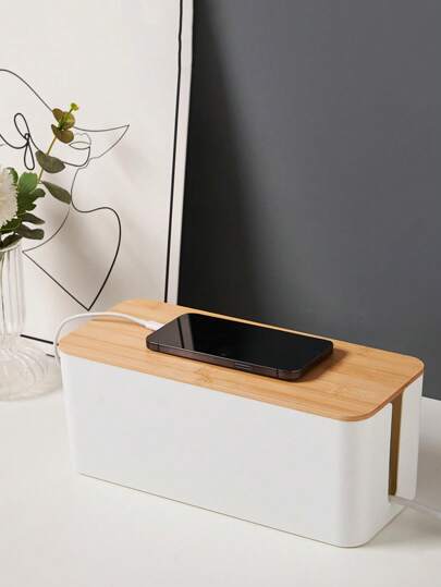 1pc Creative Simple Bamboo Wooden Desktop Cable Management Box With Lid, Wire Plug Storage Case For Power Cord, Charger