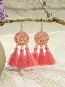 TopHanqi Bohemian Style Vacation Wind Fabric Plain Tassel Multiple Sets Combination Suit In Yellow, Beige, Blue, Green, Pink, Sapphire, Purple, White, Red, Black, Oil-Painting, And Gold; Including Alloy Pendant And Earrings In Flower Shape, Suitable For Women's Daily Life, Work, Travel, Street Snap; Perfect For Easter Party And Four Seasons Wear. Minimalist, Stylish, Personalized, And Lively, Multitude Of Styles Are Available.
