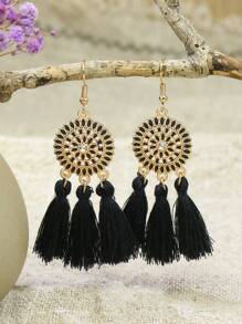 TopHanqi Bohemian Style Vacation Wind Fabric Plain Tassel Multiple Sets Combination Suit In Yellow, Beige, Blue, Green, Pink, Sapphire, Purple, White, Red, Black, Oil-Painting, And Gold; Including Alloy Pendant And Earrings In Flower Shape, Suitable For Women's Daily Life, Work, Travel, Street Snap; Perfect For Easter Party And Four Seasons Wear. Minimalist, Stylish, Personalized, And Lively, Multitude Of Styles Are Available.