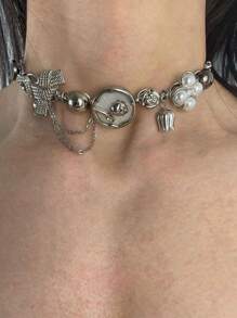 1pc Unconventional Punk Style White Rose Pendant Necklace For Men And Women's Daily Wear