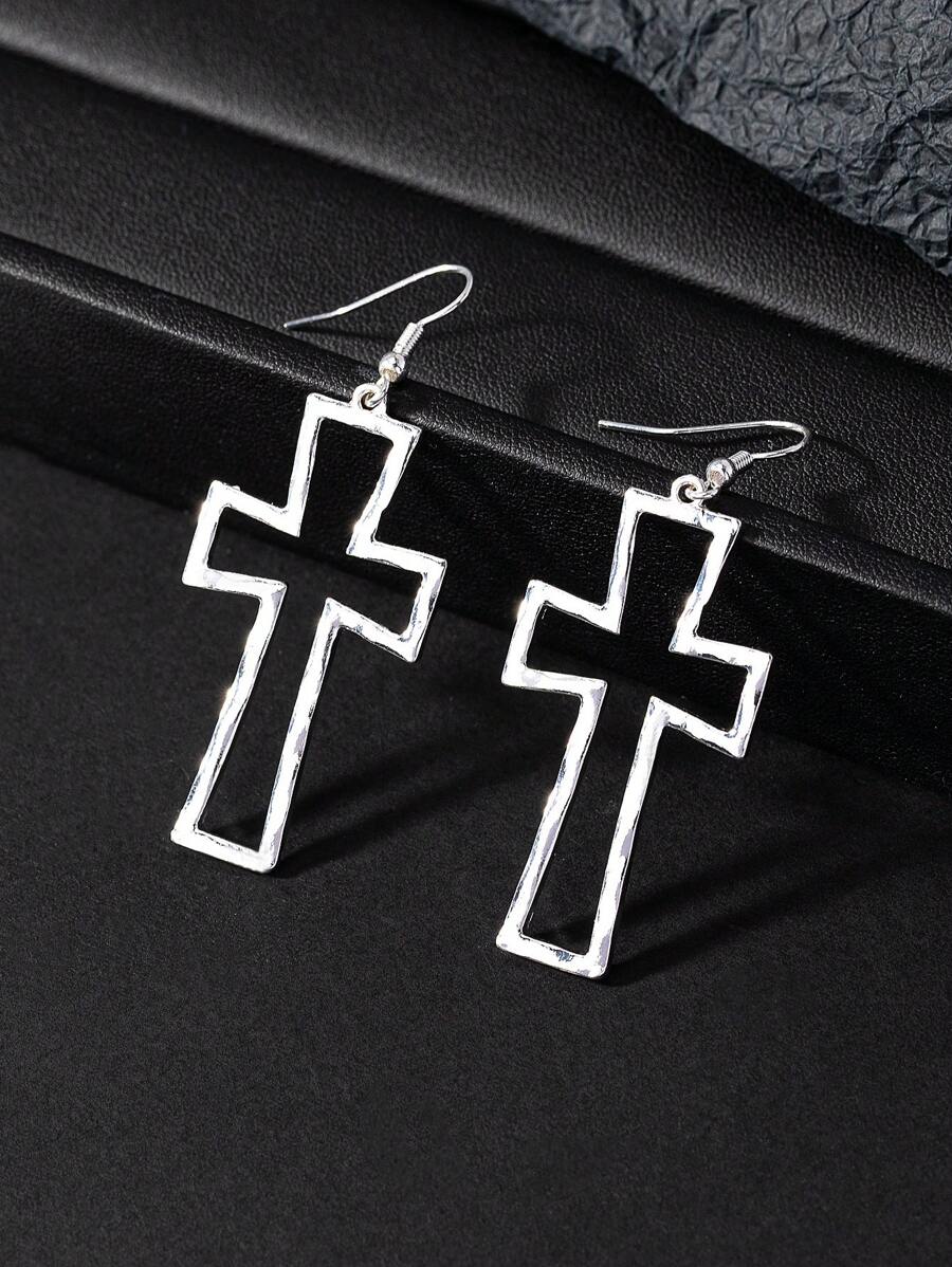 1pair Fashionable Minimalist Cross Stud Earrings - Silver - View 1