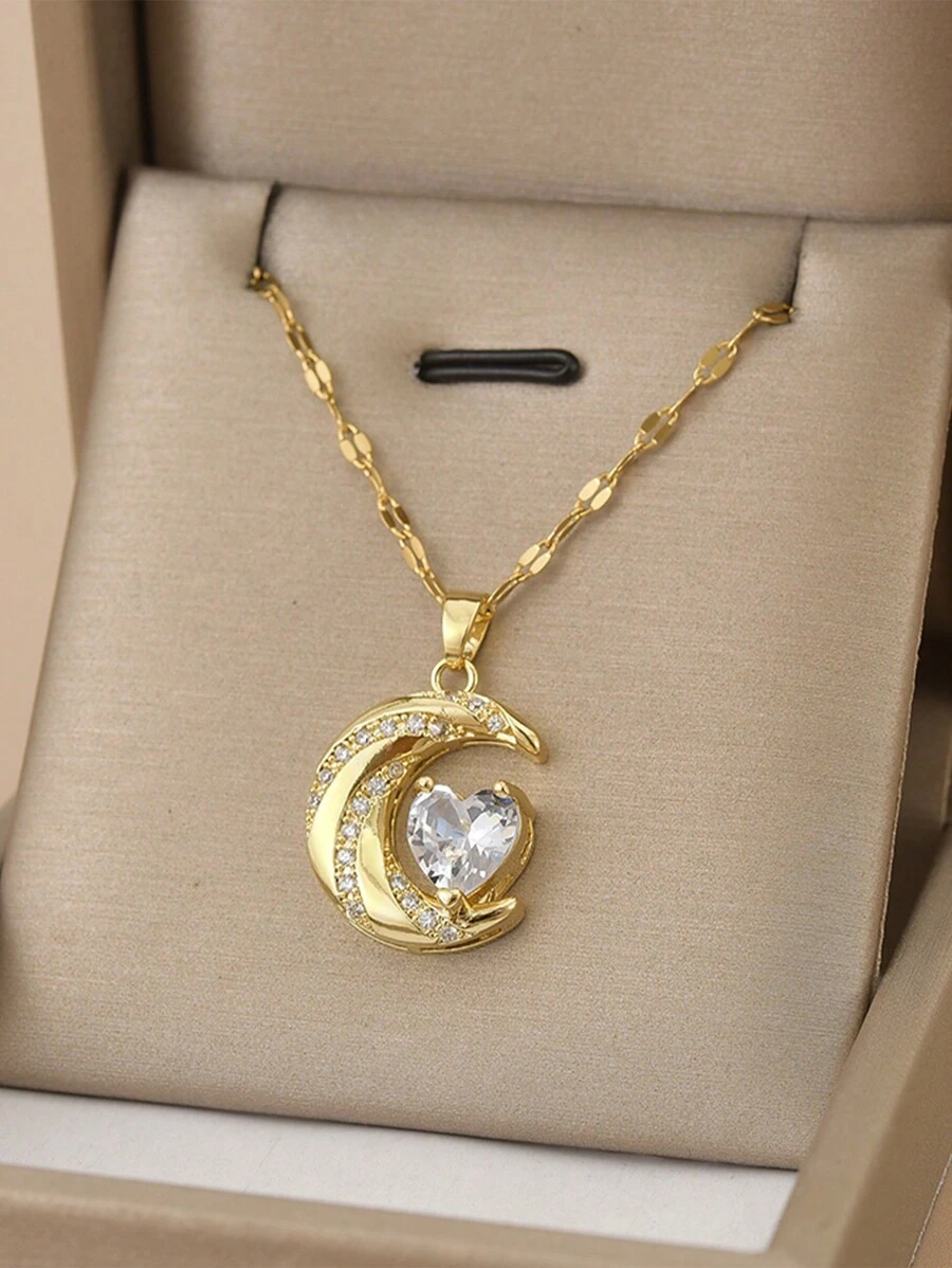 1入鑲鑽月形不銹鋼女士項鍊,華麗禮物 - 金黃色 - 查看 1