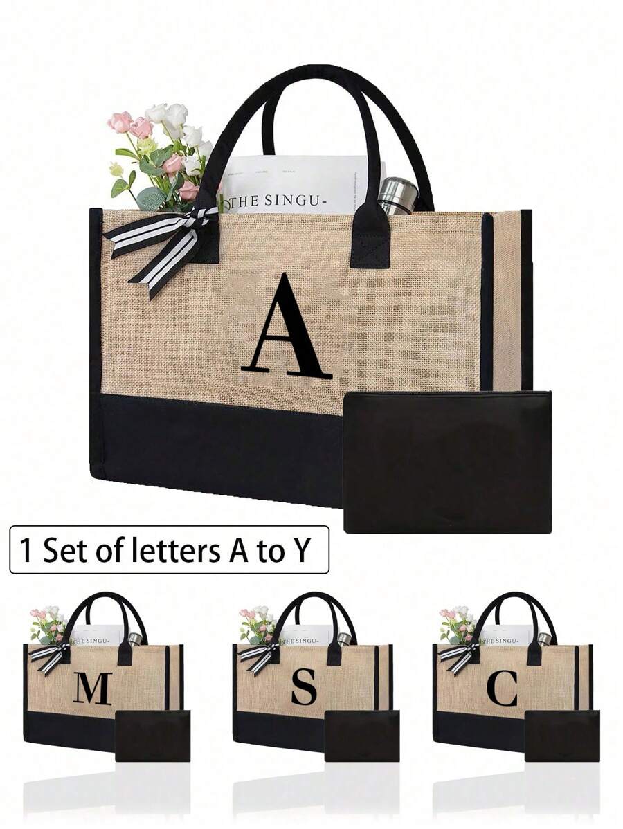 1pc Canvas Tote Bag With Cosmetic Pouch, Personalized Gift Bag Suitable For Wedding, Birthday, Beach, Vacation, Backpack And More, Great Gift For Women, Moms, Teachers, Friends, Bridesmaids, Students, Large Capacity - Khaki - View 1