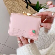 New Cute Fruit Printed Folding Wallet, European And Korean Style PU Cartoon Mini Coin Purse For Women - Pink - View 2