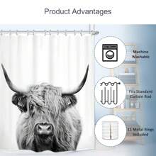 1 pièce Rideau de douche en tissu de style ferme avec vache des hautes terres, rideau de douche avec crochets, vache drôle, taureau, vache et fleurs sur marbre pour salle de bain 180cm x 180cm. Décoration de salle de bain d'été, accessoires de rentrée scolaire