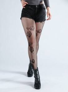1條女式網紗襪,繡有玫瑰圖案,多用途黑色y2k長襪 - 黑色 - 查看 3