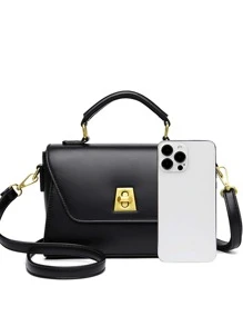 New Fashion Solid Color PU Waterproof Material Contrast Color Design Twist Lock Open Portable Square Crossbody Bag For Shopping - Black - View 4