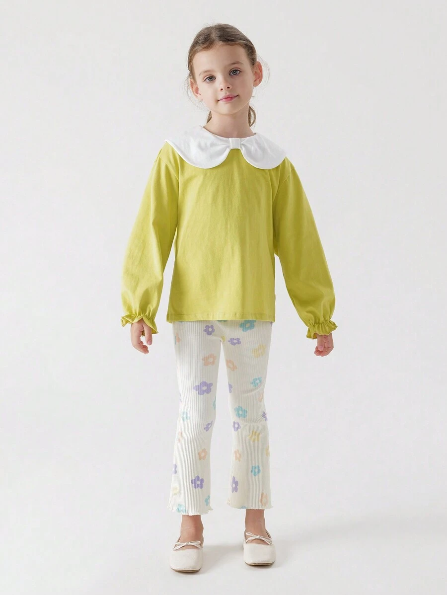 MARC&JANIE 年轻女孩时尚甜美花朵印花弹力喇叭紧身裤，春季 - 米色 - 查看 1