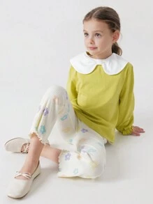 MARC&JANIE 年轻女孩时尚甜美花朵印花弹力喇叭紧身裤，春季 - 米色 - 查看 2