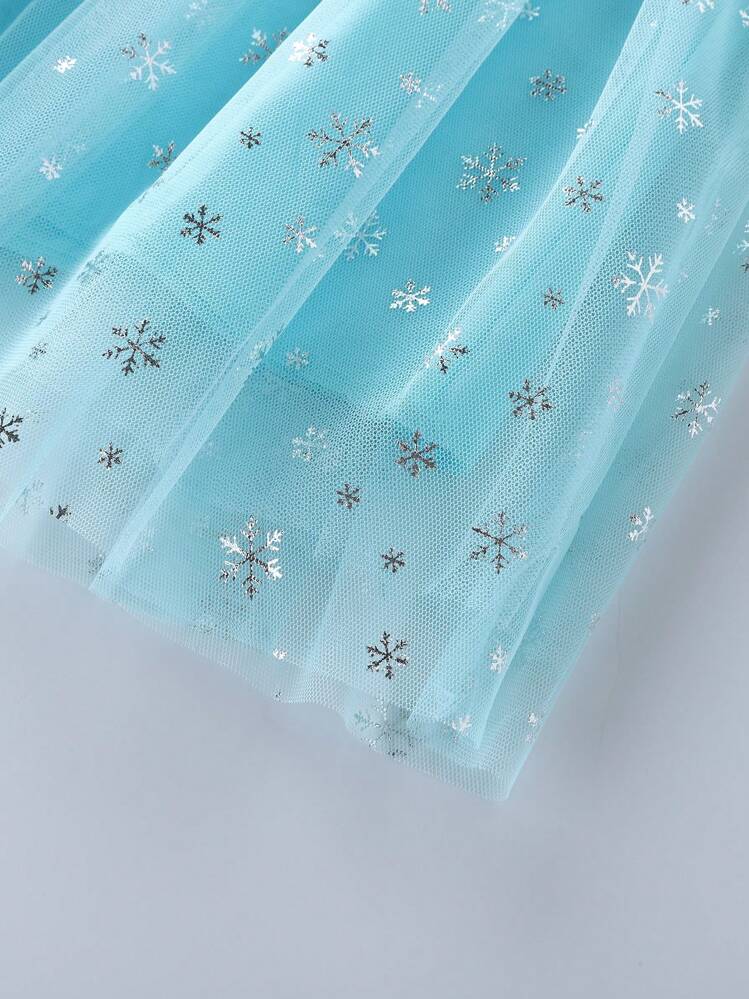 Vestido de fiesta para niña con contraste de manga corta de encaje y malla, bordado de copos de nieve brillantes, para Navidad - Azul menta - Añade 6