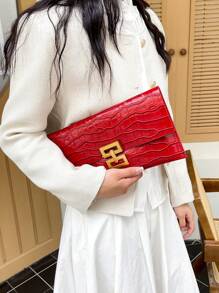 Solid Color Minimalist Style, 1pc Luxury Fashion Stone Pattern Clutch Bag - Red - View 4