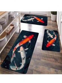 1pc Fish Print Carpet, Lucky Carp Design, Suitable For Bathroom, Kitchen, Living Room, Bedroom, Doorway, Etc. Machine Washable, Suitable For Indoor And Outdoor, Kitchen Floor Mat - Black - View 2