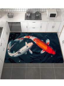 1pc Fish Print Carpet, Lucky Carp Design, Suitable For Bathroom, Kitchen, Living Room, Bedroom, Doorway, Etc. Machine Washable, Suitable For Indoor And Outdoor, Kitchen Floor Mat - Black - View 7