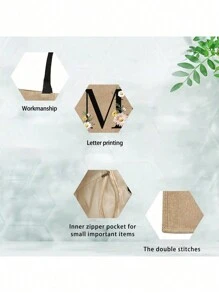 1个简约字母印花亚麻手提袋，沙滩包，送给女朋友的礼物，多功能便携手提包，教师节礼物，送给女性的礼物，教师节礼物，字母印花手提袋，化妆包，优雅旅行沙滩包 - 卡其色 - 查看 8